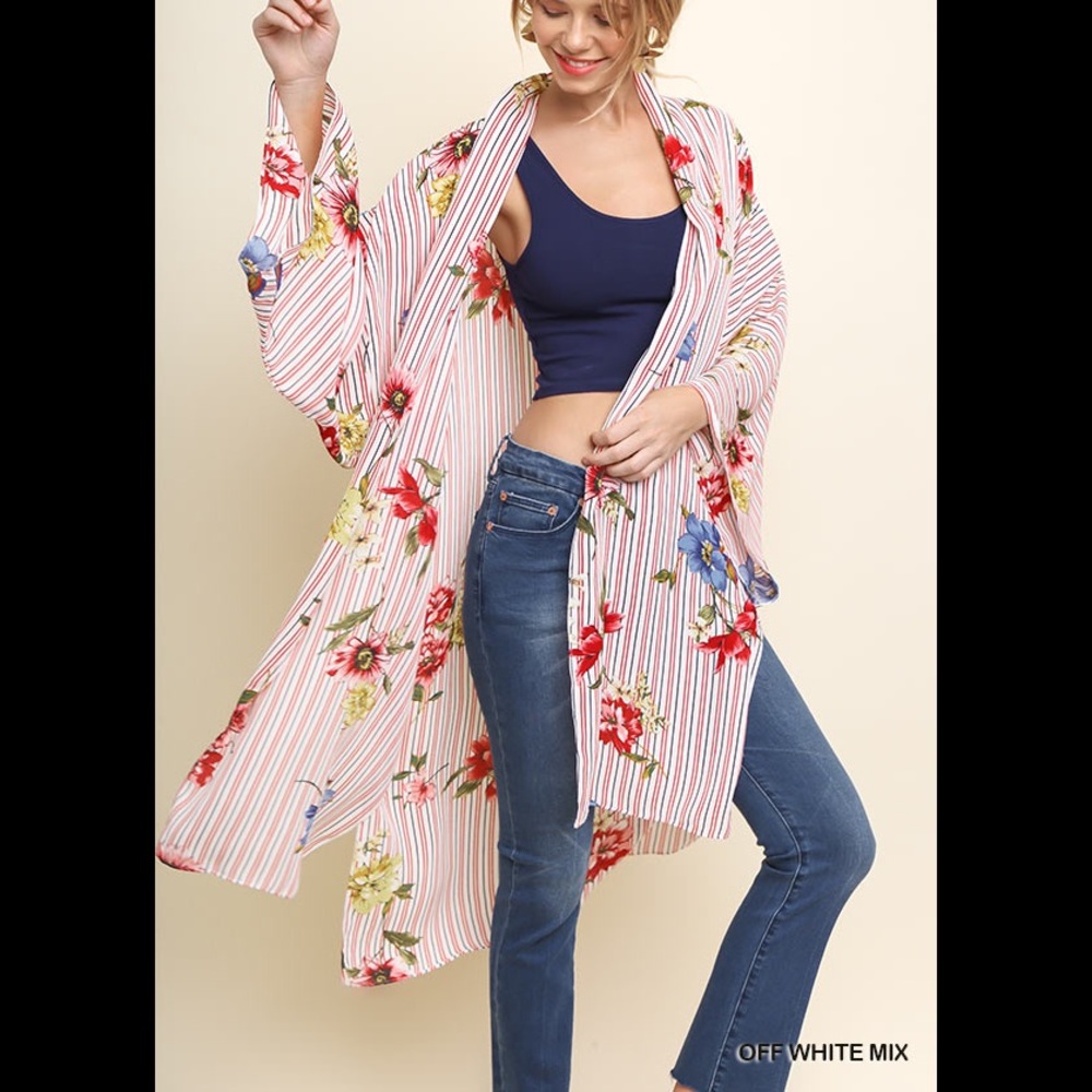 Umgee floral and striped long kimono off white NWT